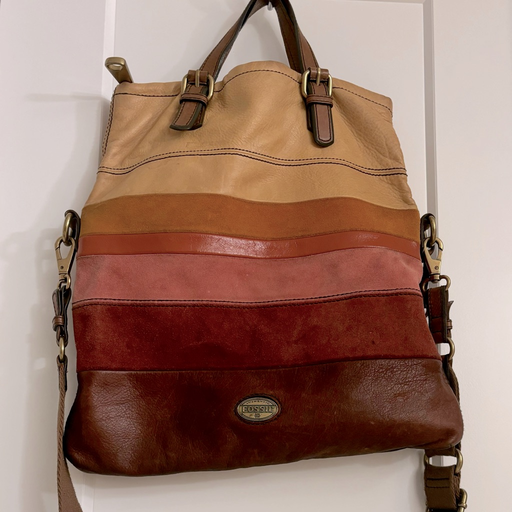 Fossil Leather Vintage Multicolor Foldable Tote Bag & Dust Bag